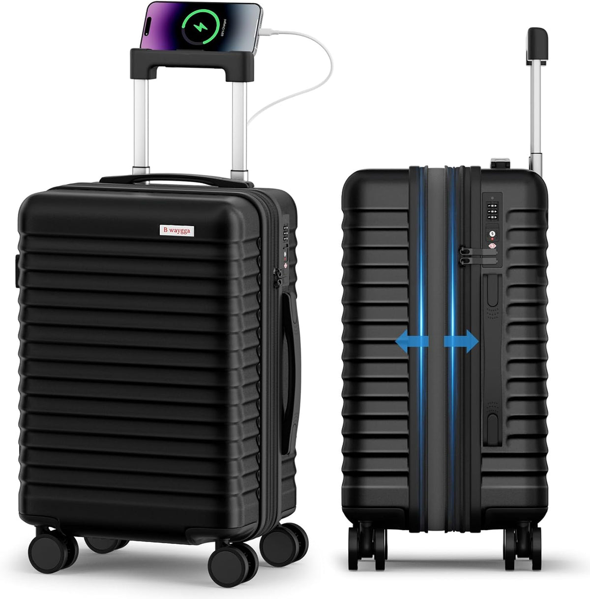 Carry On Luggage, Expandable PC HardShell Suitcase, Black, 20 in | Airline Approved, Wet and Dry Separation Pocket, TSA Lock, 360°Spinner Wheels, Charging Port, Cup and Phone Holder, 22x14x9
