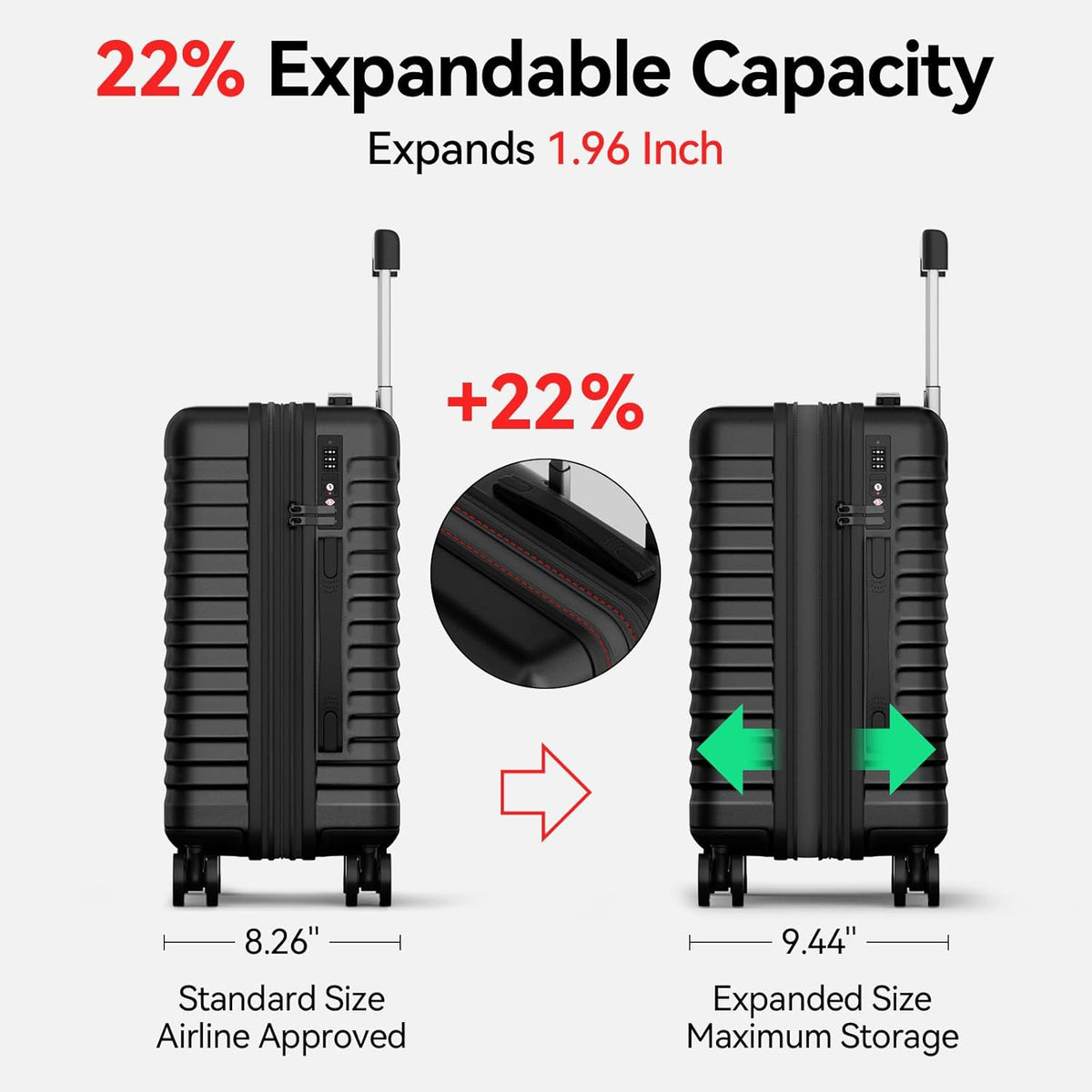 Carry On Luggage, Expandable PC HardShell Suitcase, Black, 20 in | Airline Approved, Wet and Dry Separation Pocket, TSA Lock, 360°Spinner Wheels, Charging Port, Cup and Phone Holder, 22x14x9