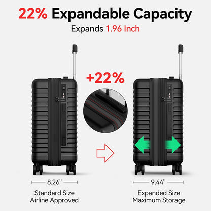Carry On Luggage, Expandable PC HardShell Suitcase, Black, 20 in | Airline Approved, Wet and Dry Separation Pocket, TSA Lock, 360°Spinner Wheels, Charging Port, Cup and Phone Holder, 22x14x9