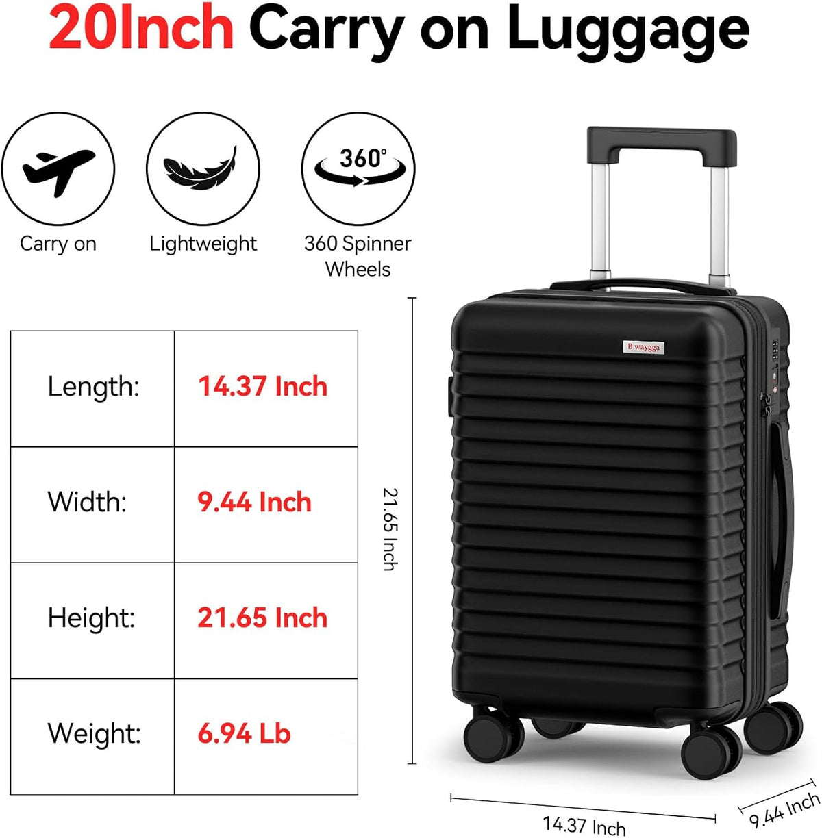 Carry On Luggage, Expandable PC HardShell Suitcase, Black, 20 in | Airline Approved, Wet and Dry Separation Pocket, TSA Lock, 360°Spinner Wheels, Charging Port, Cup and Phone Holder, 22x14x9