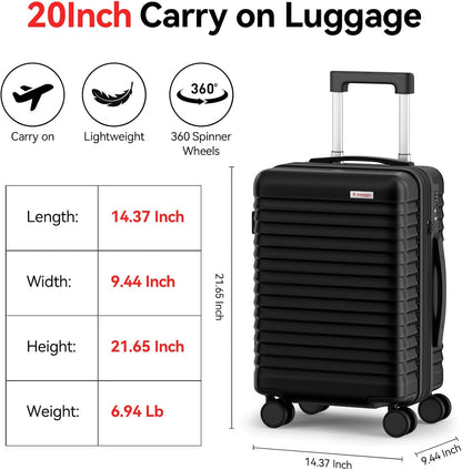Carry On Luggage, Expandable PC HardShell Suitcase, Black, 20 in | Airline Approved, Wet and Dry Separation Pocket, TSA Lock, 360°Spinner Wheels, Charging Port, Cup and Phone Holder, 22x14x9