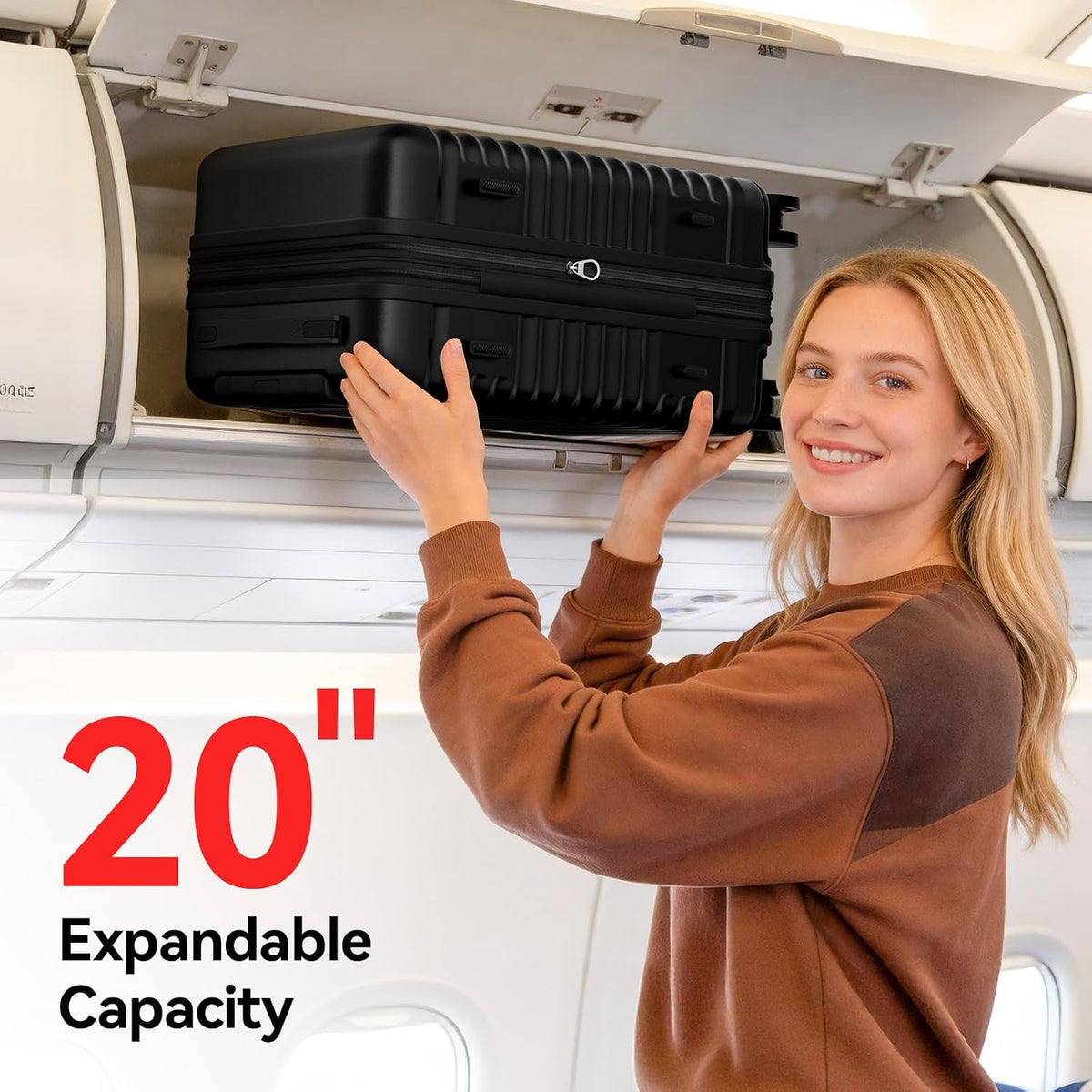 Carry On Luggage, Expandable PC HardShell Suitcase, Black, 20 in | Airline Approved, Wet and Dry Separation Pocket, TSA Lock, 360°Spinner Wheels, Charging Port, Cup and Phone Holder, 22x14x9