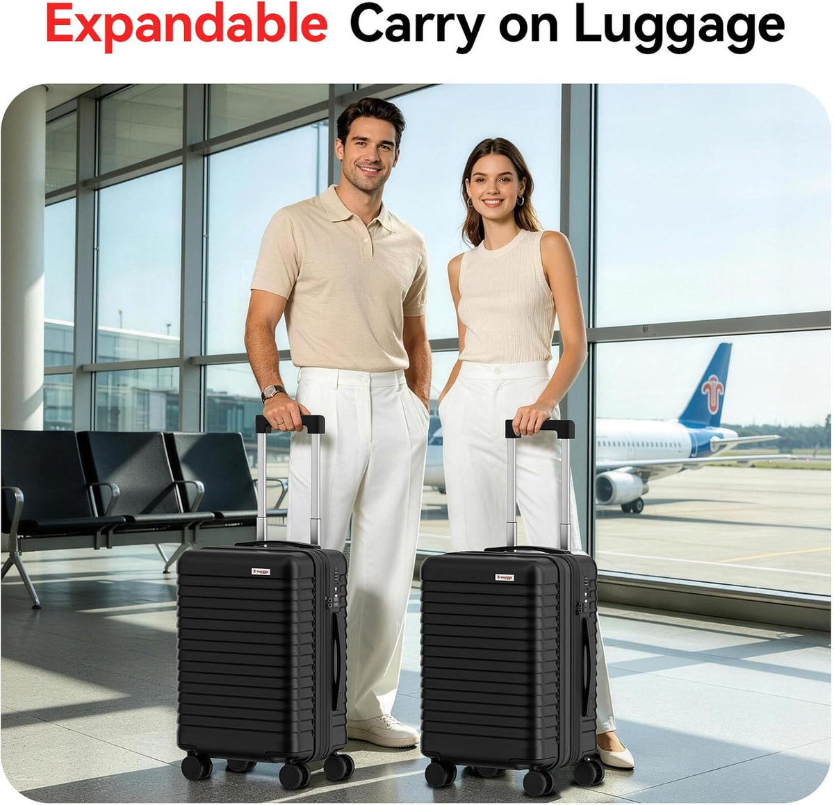 Carry On Luggage, Expandable PC HardShell Suitcase, Black, 20 in | Airline Approved, Wet and Dry Separation Pocket, TSA Lock, 360°Spinner Wheels, Charging Port, Cup and Phone Holder, 22x14x9