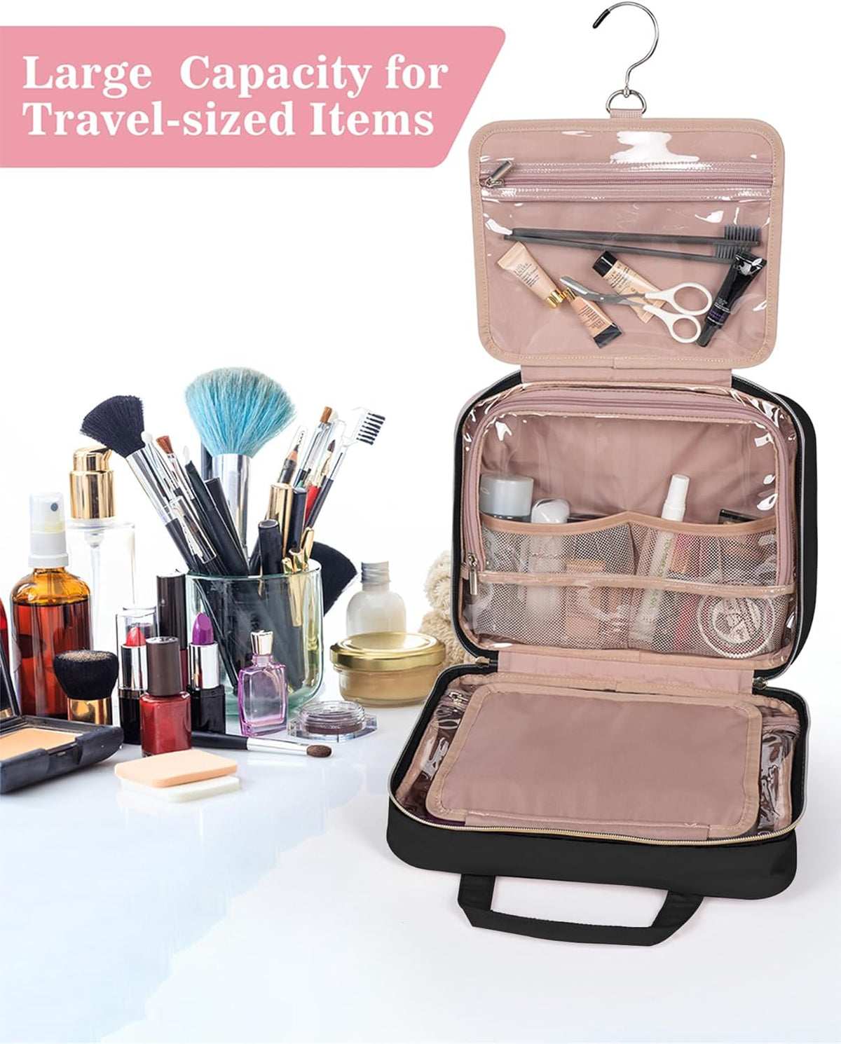 BALHLHG Toiletry Bag for Women with Hanging Hook, Medium Travel Makeup Organzier Bag, Water-resistant Cosmetic Travel Bag Toiletries Bag for Bathroom, Trip,Business, Greyblue