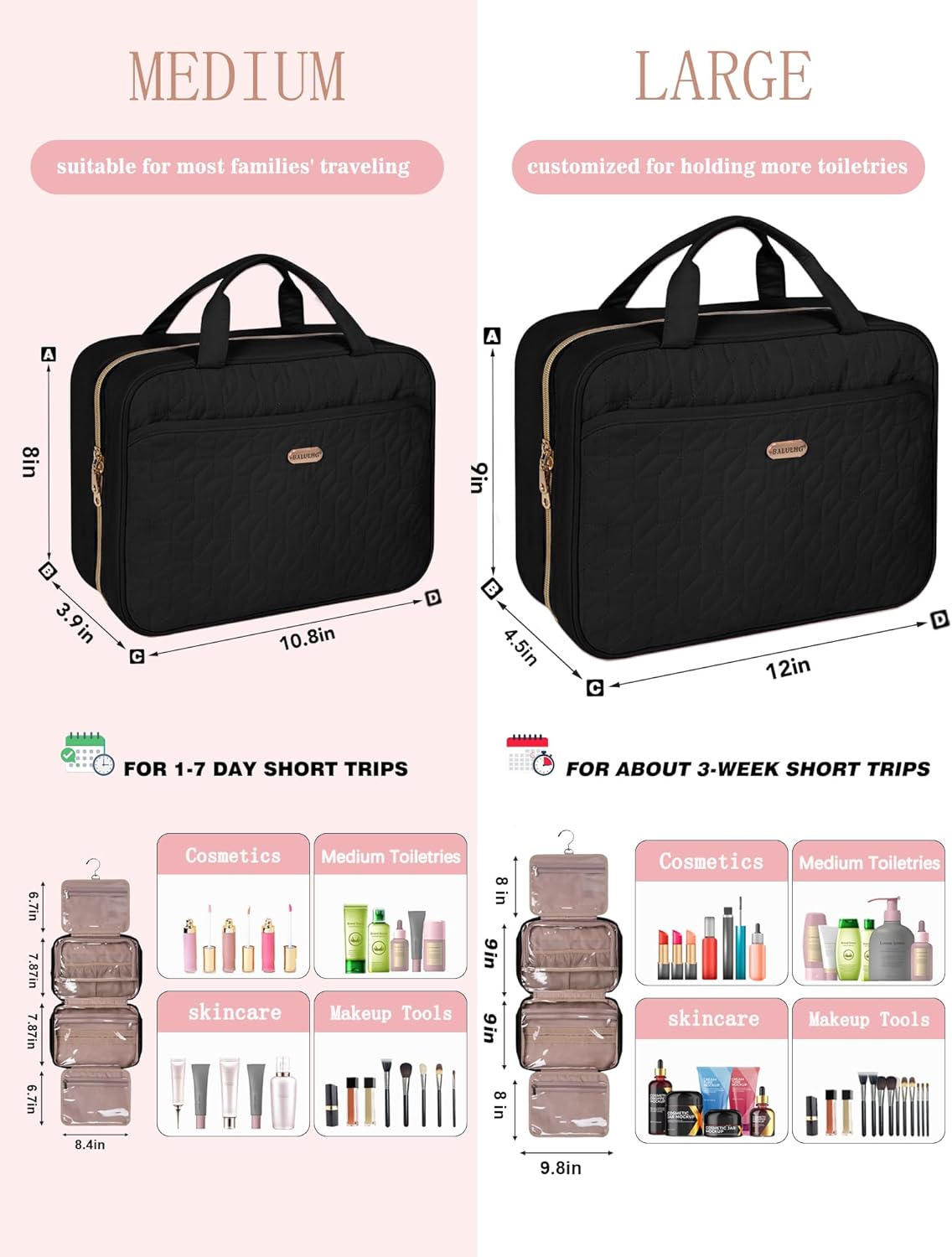BALHLHG Toiletry Bag for Women with Hanging Hook, Medium Travel Makeup Organzier Bag, Water-resistant Cosmetic Travel Bag Toiletries Bag for Bathroom, Trip,Business, Greyblue