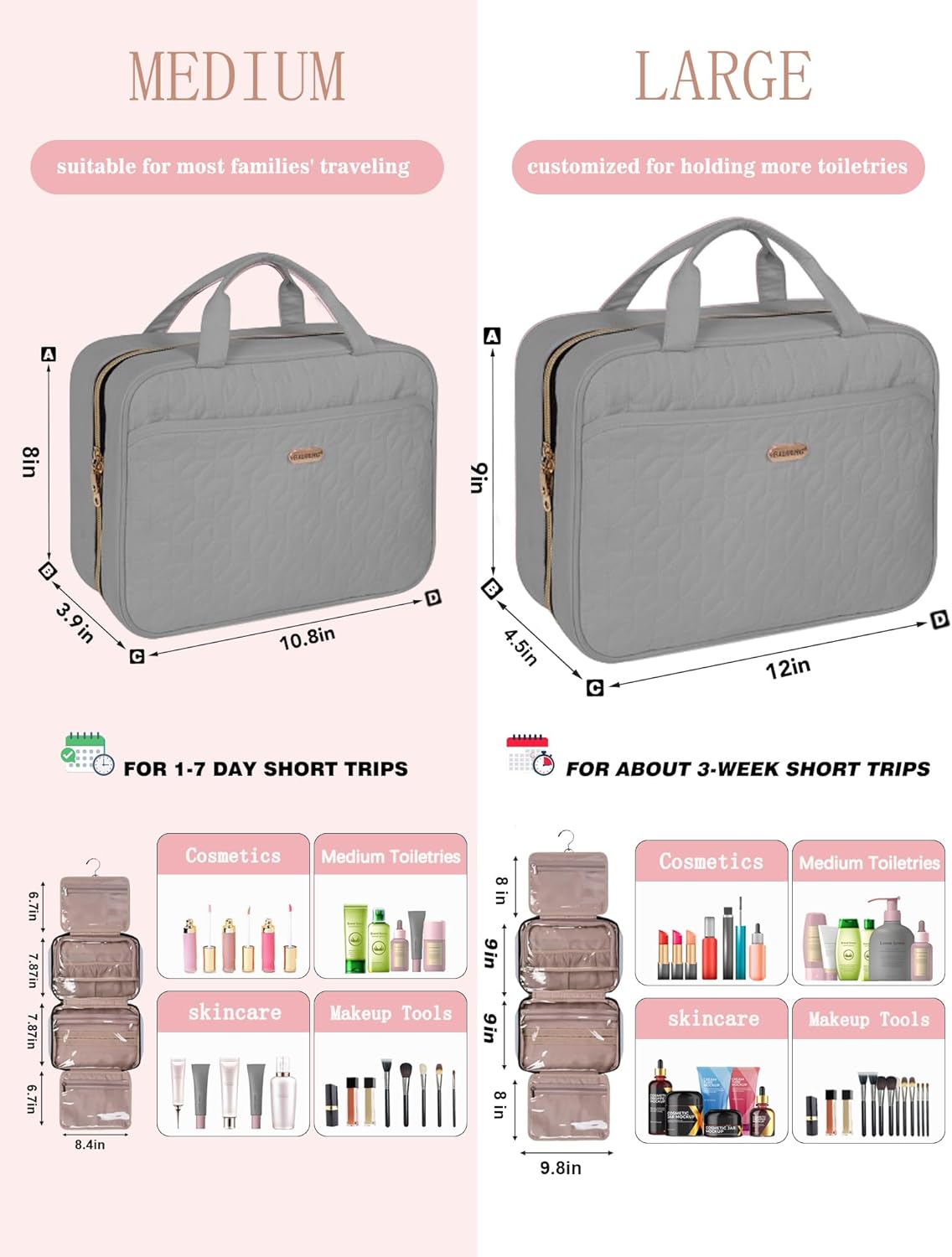 BALHLHG Toiletry Bag for Women with Hanging Hook, Medium Travel Makeup Organzier Bag, Water-resistant Cosmetic Travel Bag Toiletries Bag for Bathroom, Trip,Business, Greyblue