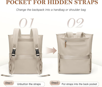 Convertible Laptop Backpack for Women Men Carry on Tote Backpack Teacher Bookbag for College Work Nurse Travel Leisure,16 Inch,Champagne Brown