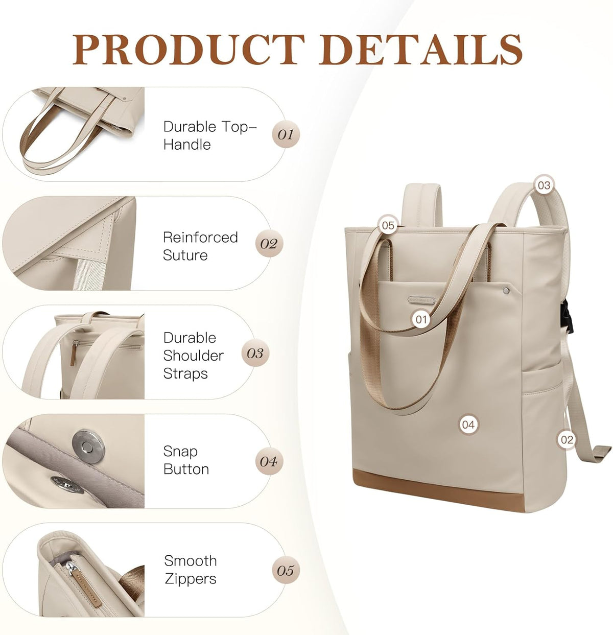 Convertible Laptop Backpack for Women Men Carry on Tote Backpack Teacher Bookbag for College Work Nurse Travel Leisure,16 Inch,Champagne Brown