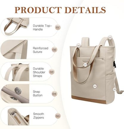 Convertible Laptop Backpack for Women Men Carry on Tote Backpack Teacher Bookbag for College Work Nurse Travel Leisure,16 Inch,Champagne Brown