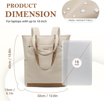 Convertible Laptop Backpack for Women Men Carry on Tote Backpack Teacher Bookbag for College Work Nurse Travel Leisure,16 Inch,Champagne Brown