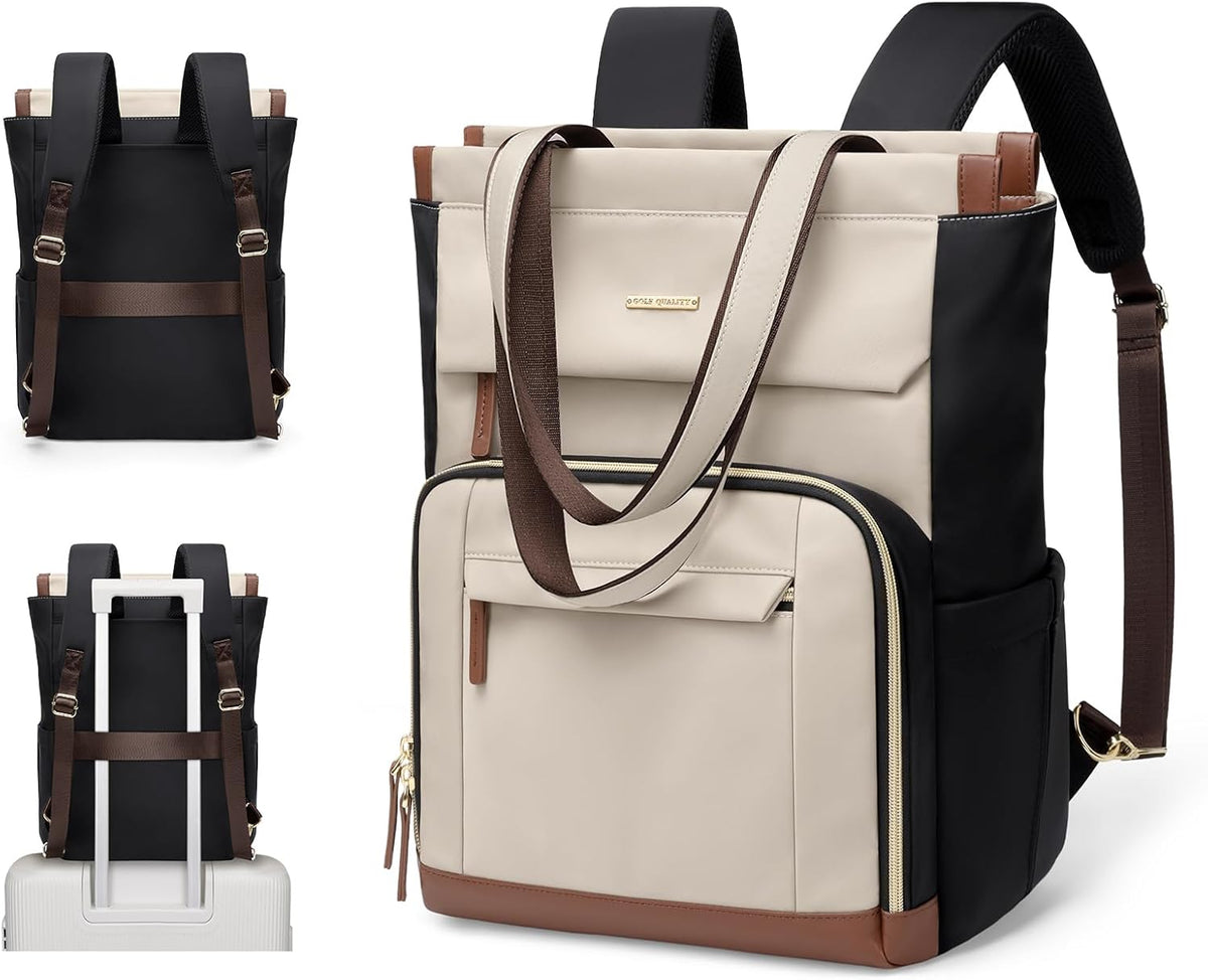 Convertible Laptop Backpack for Women Men Carry on Tote Backpack Teacher Bookbag for College Work Nurse Travel Leisure,16 Inch,Champagne Brown