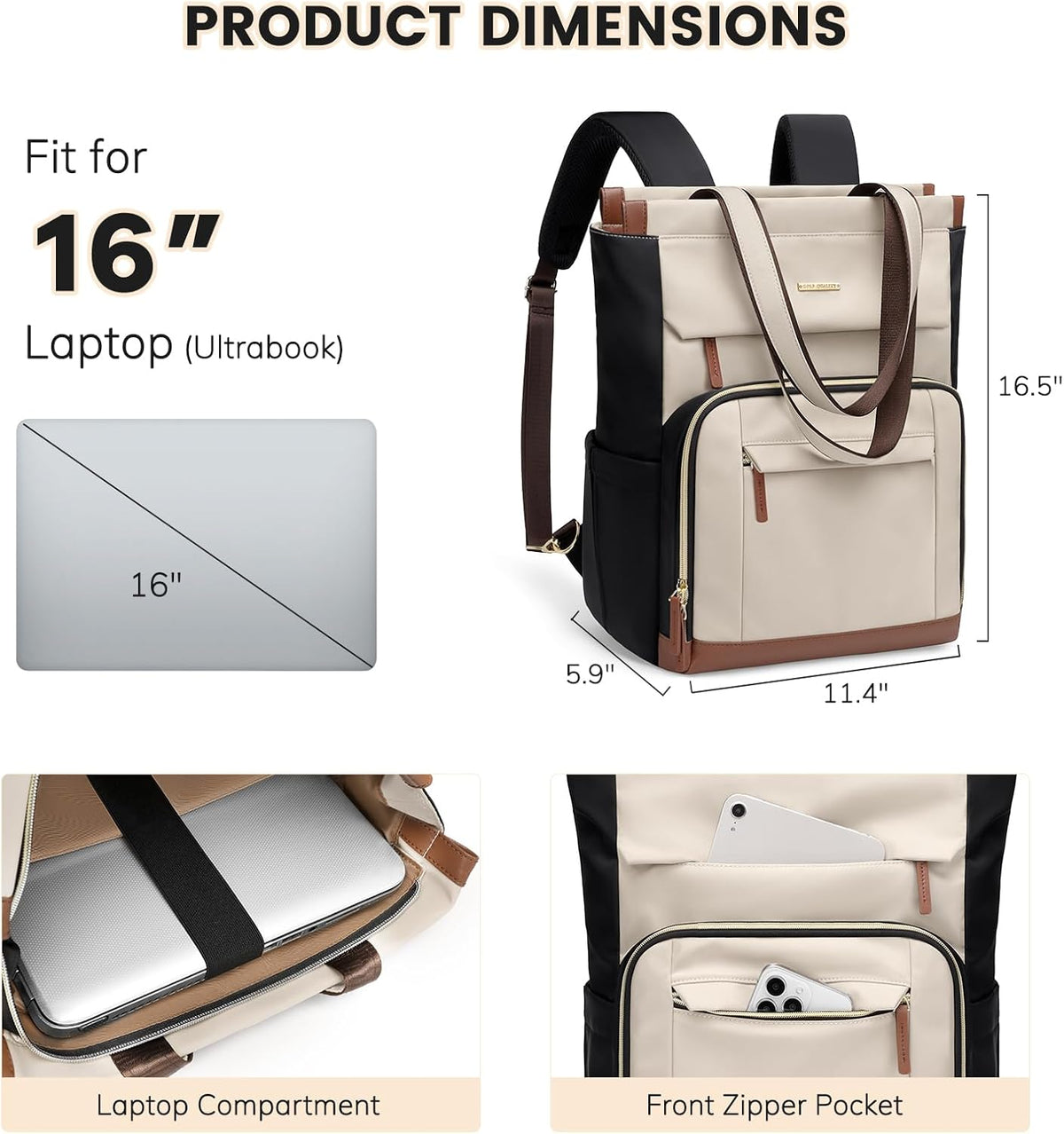 Convertible Laptop Backpack for Women Men Carry on Tote Backpack Teacher Bookbag for College Work Nurse Travel Leisure,16 Inch,Champagne Brown