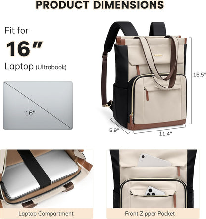 Convertible Laptop Backpack for Women Men Carry on Tote Backpack Teacher Bookbag for College Work Nurse Travel Leisure,16 Inch,Champagne Brown