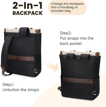 Convertible Laptop Backpack for Women Men Carry on Tote Backpack Teacher Bookbag for College Work Nurse Travel Leisure,16 Inch,Champagne Brown