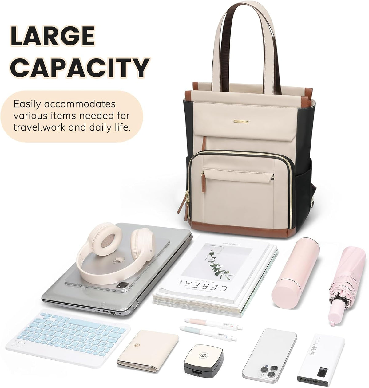 Convertible Laptop Backpack for Women Men Carry on Tote Backpack Teacher Bookbag for College Work Nurse Travel Leisure,16 Inch,Champagne Brown