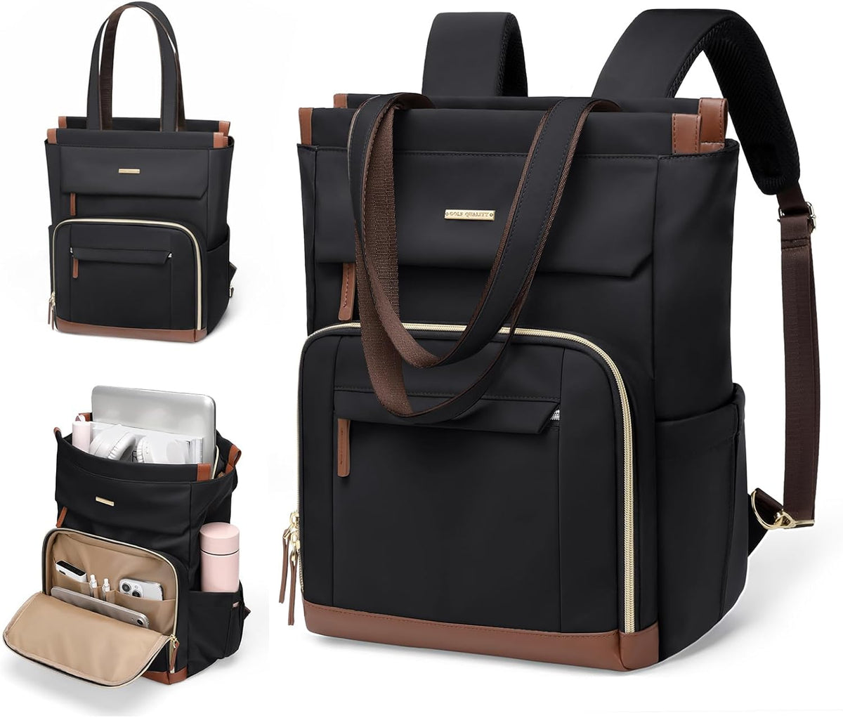 Convertible Laptop Backpack for Women Men Carry on Tote Backpack Teacher Bookbag for College Work Nurse Travel Leisure,16 Inch,Champagne Brown