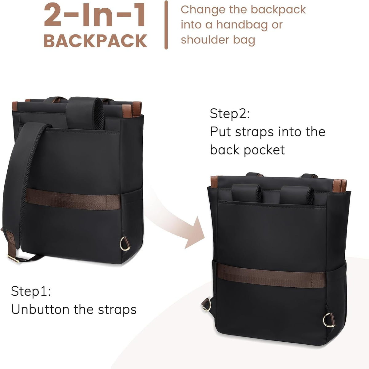 Convertible Laptop Backpack for Women Men Carry on Tote Backpack Teacher Bookbag for College Work Nurse Travel Leisure,16 Inch,Champagne Brown