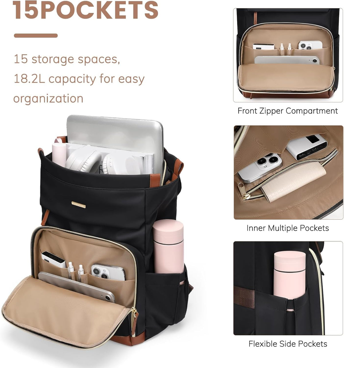 Convertible Laptop Backpack for Women Men Carry on Tote Backpack Teacher Bookbag for College Work Nurse Travel Leisure,16 Inch,Champagne Brown