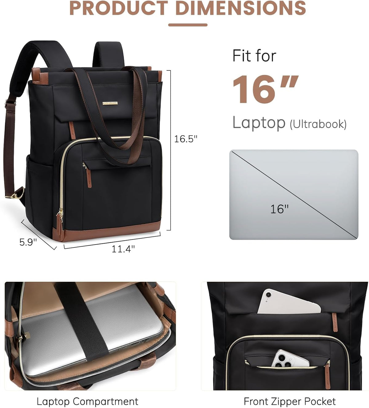 Convertible Laptop Backpack for Women Men Carry on Tote Backpack Teacher Bookbag for College Work Nurse Travel Leisure,16 Inch,Champagne Brown