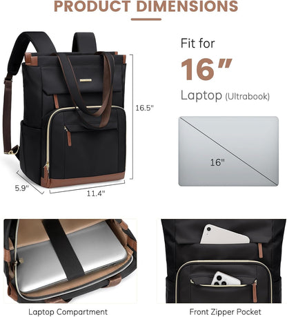 Convertible Laptop Backpack for Women Men Carry on Tote Backpack Teacher Bookbag for College Work Nurse Travel Leisure,16 Inch,Champagne Brown