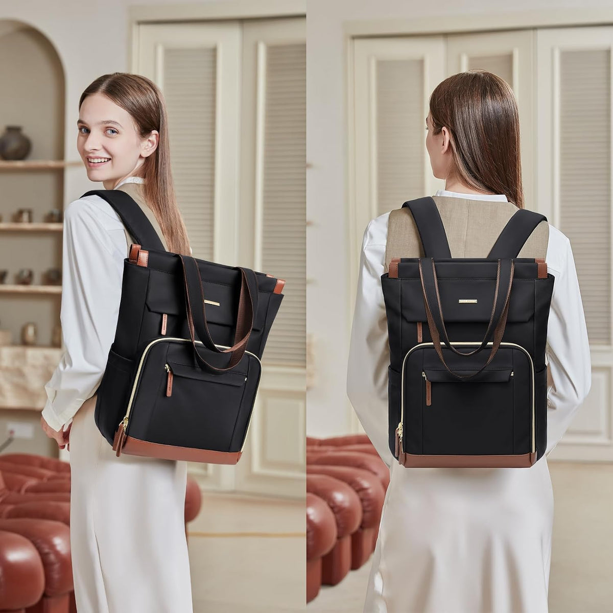 Convertible Laptop Backpack for Women Men Carry on Tote Backpack Teacher Bookbag for College Work Nurse Travel Leisure,16 Inch,Champagne Brown