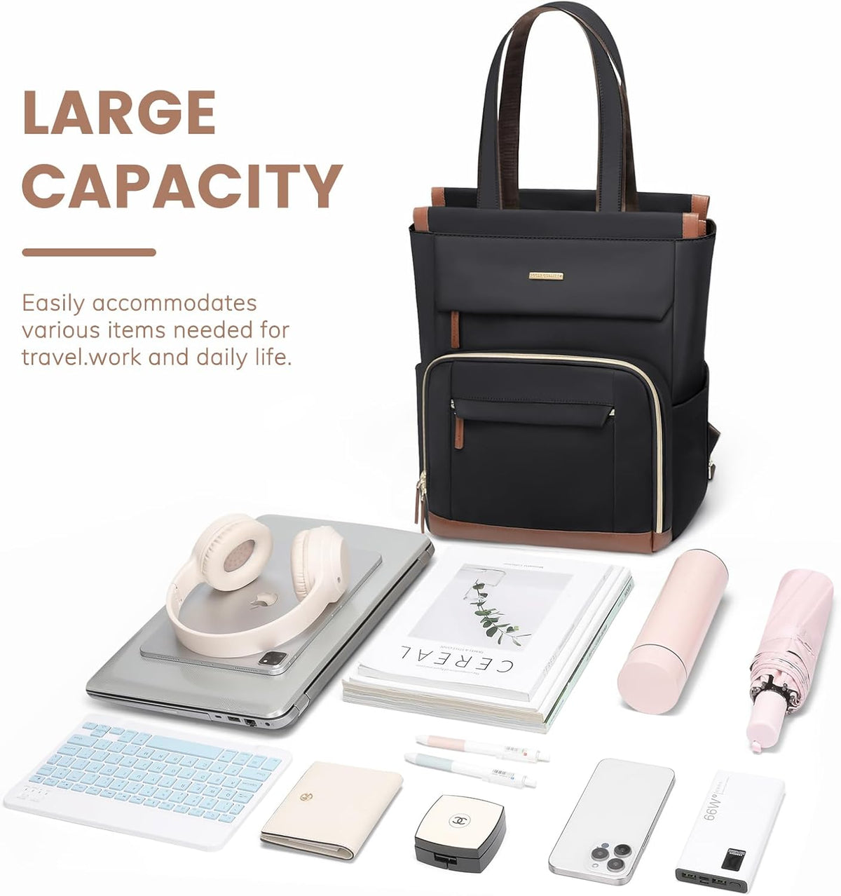 Convertible Laptop Backpack for Women Men Carry on Tote Backpack Teacher Bookbag for College Work Nurse Travel Leisure,16 Inch,Champagne Brown