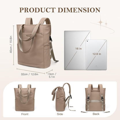 Convertible Laptop Backpack for Women Men Carry on Tote Backpack Teacher Bookbag for College Work Nurse Travel Leisure,16 Inch,Champagne Brown