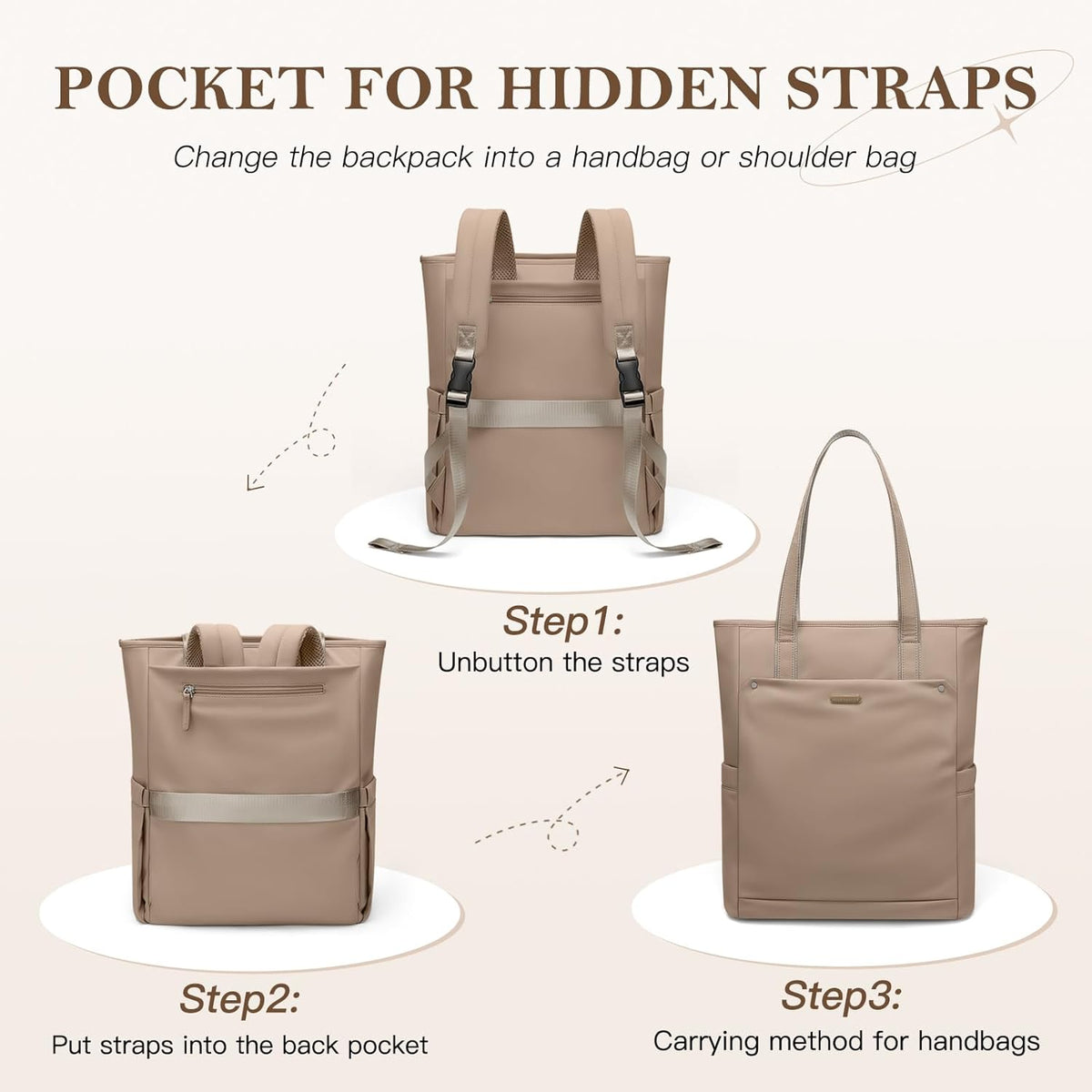 Convertible Laptop Backpack for Women Men Carry on Tote Backpack Teacher Bookbag for College Work Nurse Travel Leisure,16 Inch,Champagne Brown