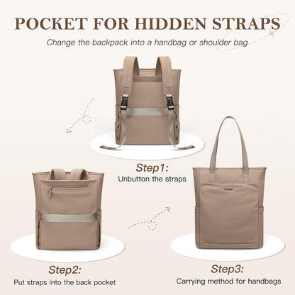 Convertible Laptop Backpack for Women Men Carry on Tote Backpack Teacher Bookbag for College Work Nurse Travel Leisure,16 Inch,Champagne Brown