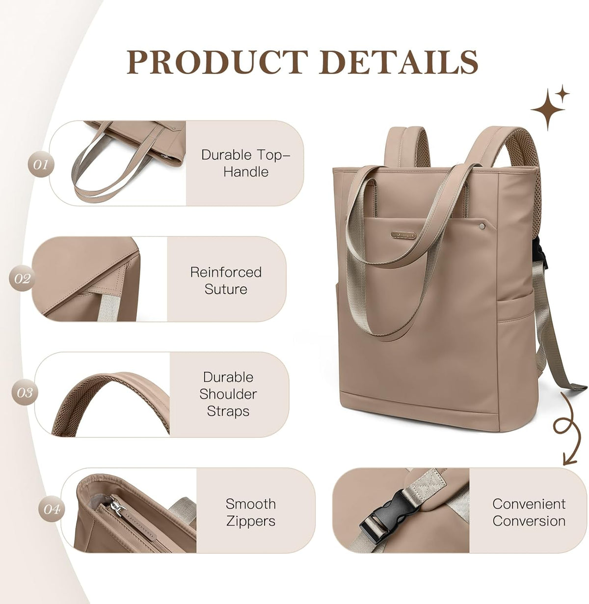Convertible Laptop Backpack for Women Men Carry on Tote Backpack Teacher Bookbag for College Work Nurse Travel Leisure,16 Inch,Champagne Brown