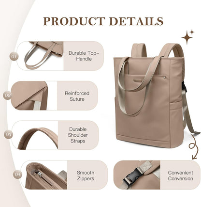 Convertible Laptop Backpack for Women Men Carry on Tote Backpack Teacher Bookbag for College Work Nurse Travel Leisure,16 Inch,Champagne Brown