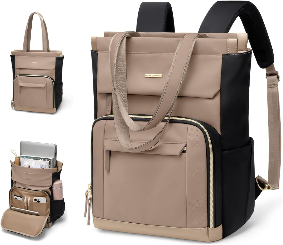 Convertible Laptop Backpack for Women Men Carry on Tote Backpack Teacher Bookbag for College Work Nurse Travel Leisure,16 Inch,Champagne Brown