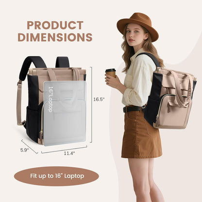 Convertible Laptop Backpack for Women Men Carry on Tote Backpack Teacher Bookbag for College Work Nurse Travel Leisure,16 Inch,Champagne Brown