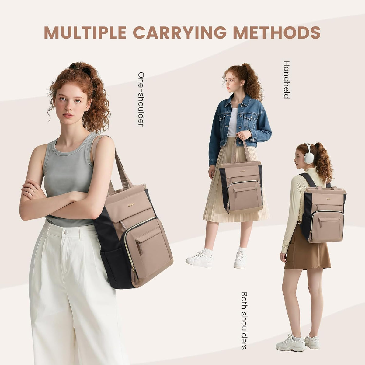 Convertible Laptop Backpack for Women Men Carry on Tote Backpack Teacher Bookbag for College Work Nurse Travel Leisure,16 Inch,Champagne Brown