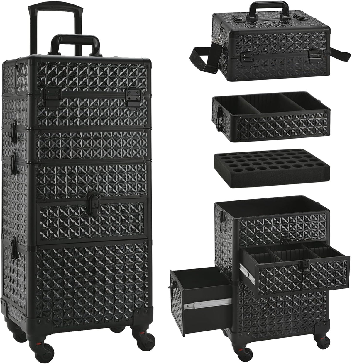 Makeup Train Case with Drawer, Rolling Makeup Case, Cosmetology Case on Wheels, Gift, Large Makeup Case Organizers, Professional for Salon Barber, Nail, Tattoo, Black Colourful