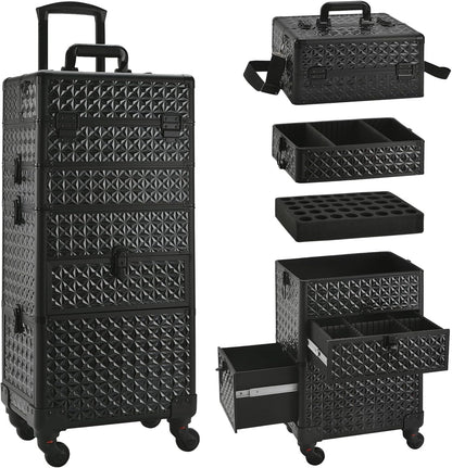 Makeup Train Case with Drawer, Rolling Makeup Case, Cosmetology Case on Wheels, Gift, Large Makeup Case Organizers, Professional for Salon Barber, Nail, Tattoo, Black Colourful