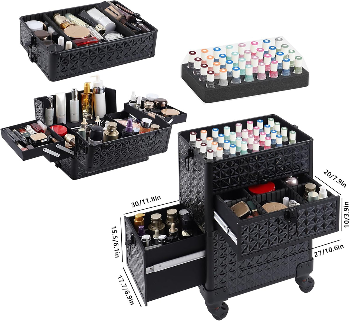 Makeup Train Case with Drawer, Rolling Makeup Case, Cosmetology Case on Wheels, Gift, Large Makeup Case Organizers, Professional for Salon Barber, Nail, Tattoo, Black Colourful