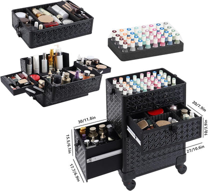 Makeup Train Case with Drawer, Rolling Makeup Case, Cosmetology Case on Wheels, Gift, Large Makeup Case Organizers, Professional for Salon Barber, Nail, Tattoo, Black Colourful