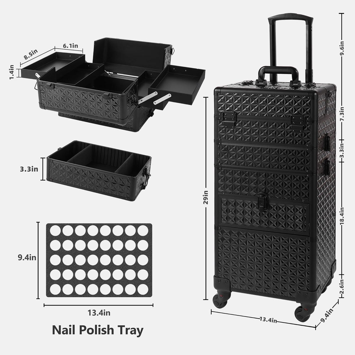 Makeup Train Case with Drawer, Rolling Makeup Case, Cosmetology Case on Wheels, Gift, Large Makeup Case Organizers, Professional for Salon Barber, Nail, Tattoo, Black Colourful