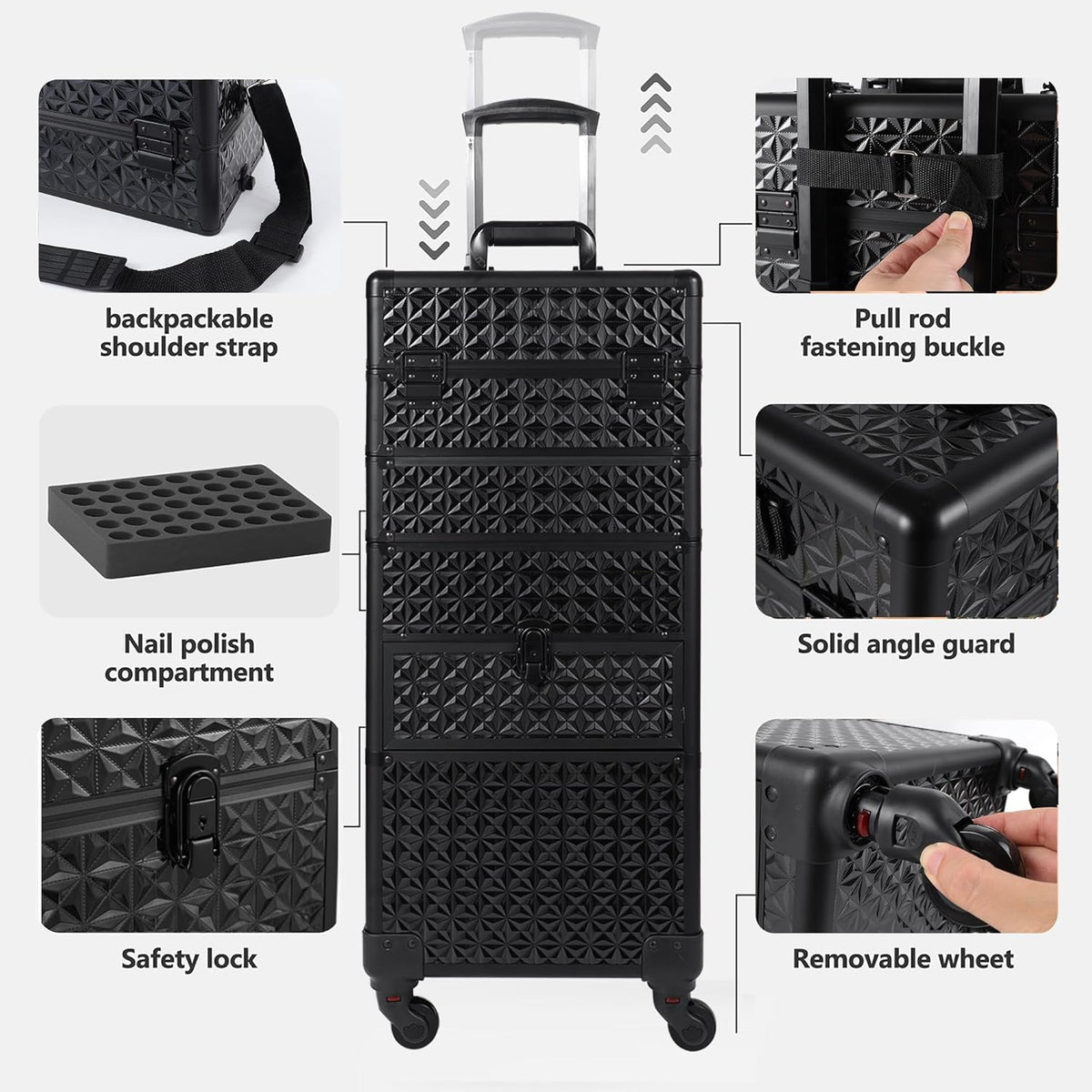 Makeup Train Case with Drawer, Rolling Makeup Case, Cosmetology Case on Wheels, Gift, Large Makeup Case Organizers, Professional for Salon Barber, Nail, Tattoo, Black Colourful
