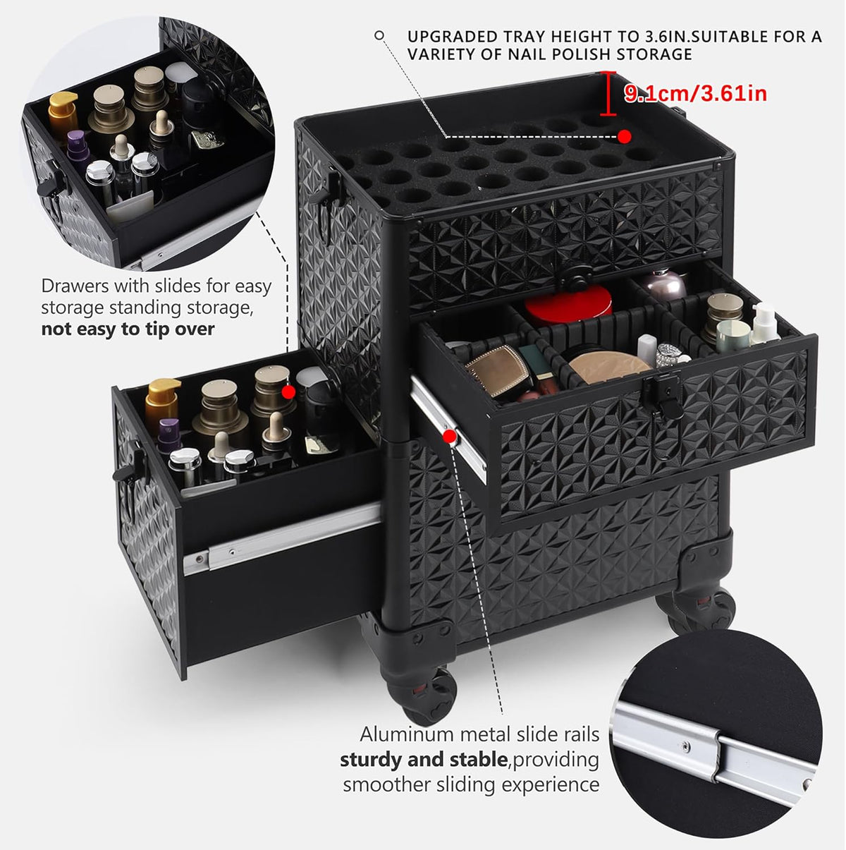 Makeup Train Case with Drawer, Rolling Makeup Case, Cosmetology Case on Wheels, Gift, Large Makeup Case Organizers, Professional for Salon Barber, Nail, Tattoo, Black Colourful