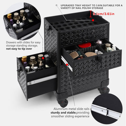 Makeup Train Case with Drawer, Rolling Makeup Case, Cosmetology Case on Wheels, Gift, Large Makeup Case Organizers, Professional for Salon Barber, Nail, Tattoo, Black Colourful