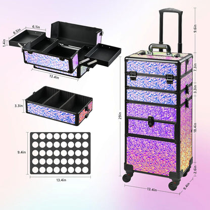 Makeup Train Case with Drawer, Rolling Makeup Case, Cosmetology Case on Wheels, Gift, Large Makeup Case Organizers, Professional for Salon Barber, Nail, Tattoo, Black Colourful