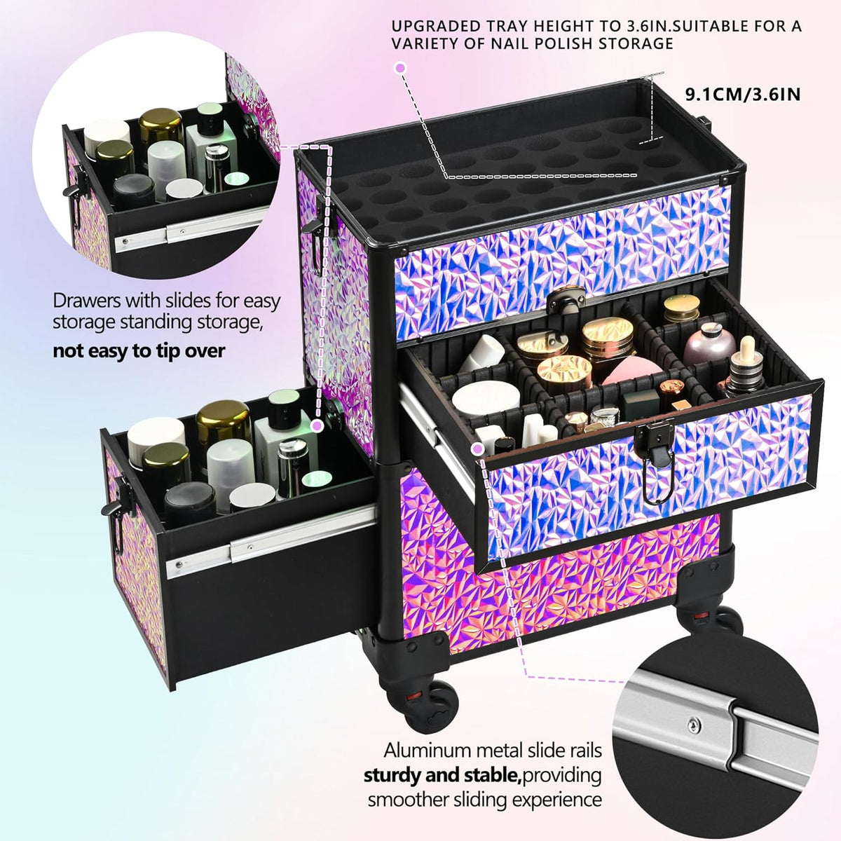 Makeup Train Case with Drawer, Rolling Makeup Case, Cosmetology Case on Wheels, Gift, Large Makeup Case Organizers, Professional for Salon Barber, Nail, Tattoo, Black Colourful