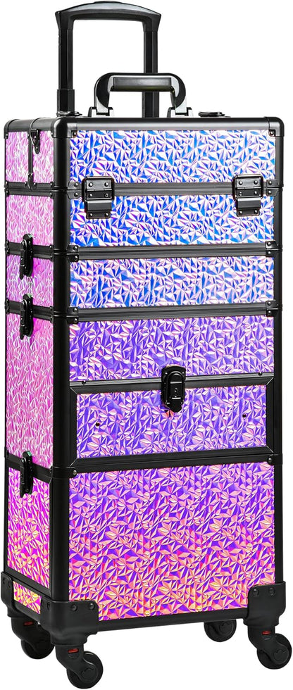 Makeup Train Case with Drawer, Rolling Makeup Case, Cosmetology Case on Wheels, Gift, Large Makeup Case Organizers, Professional for Salon Barber, Nail, Tattoo, Black Colourful