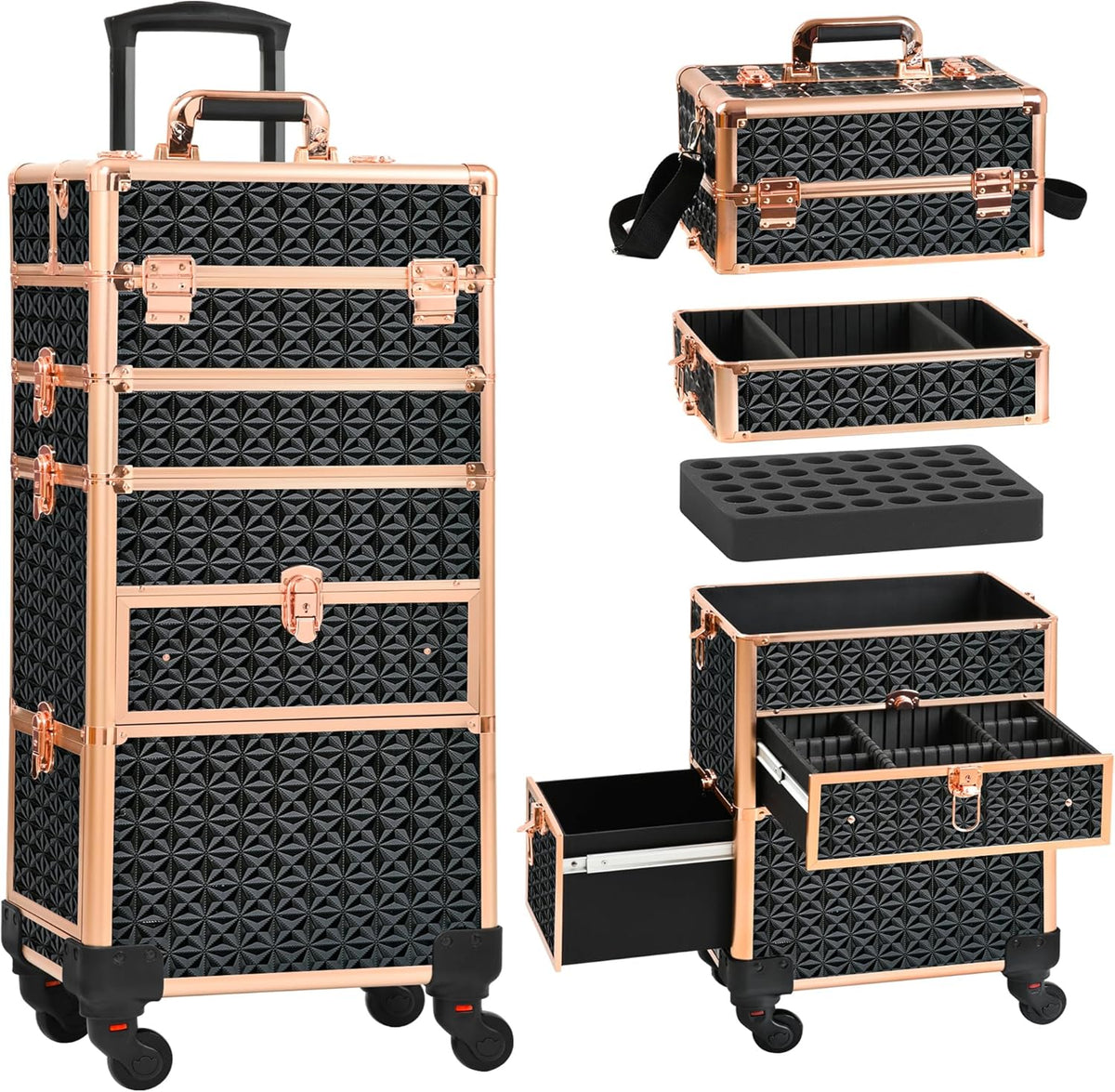Makeup Train Case with Drawer, Rolling Makeup Case, Cosmetology Case on Wheels, Gift, Large Makeup Case Organizers, Professional for Salon Barber, Nail, Tattoo, Black Colourful