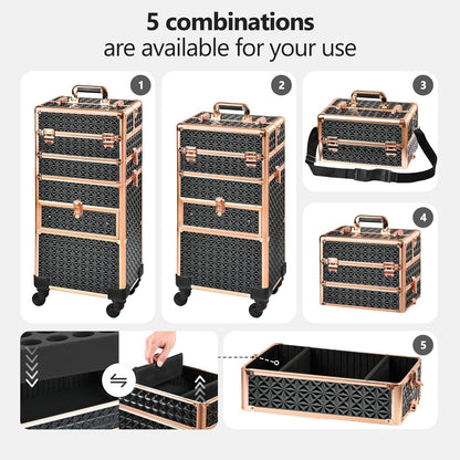 Makeup Train Case with Drawer, Rolling Makeup Case, Cosmetology Case on Wheels, Gift, Large Makeup Case Organizers, Professional for Salon Barber, Nail, Tattoo, Black Colourful
