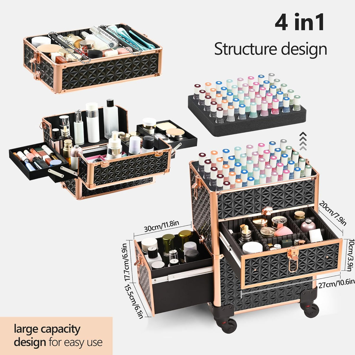 Makeup Train Case with Drawer, Rolling Makeup Case, Cosmetology Case on Wheels, Gift, Large Makeup Case Organizers, Professional for Salon Barber, Nail, Tattoo, Black Colourful