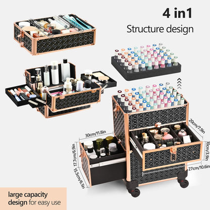 Makeup Train Case with Drawer, Rolling Makeup Case, Cosmetology Case on Wheels, Gift, Large Makeup Case Organizers, Professional for Salon Barber, Nail, Tattoo, Black Colourful