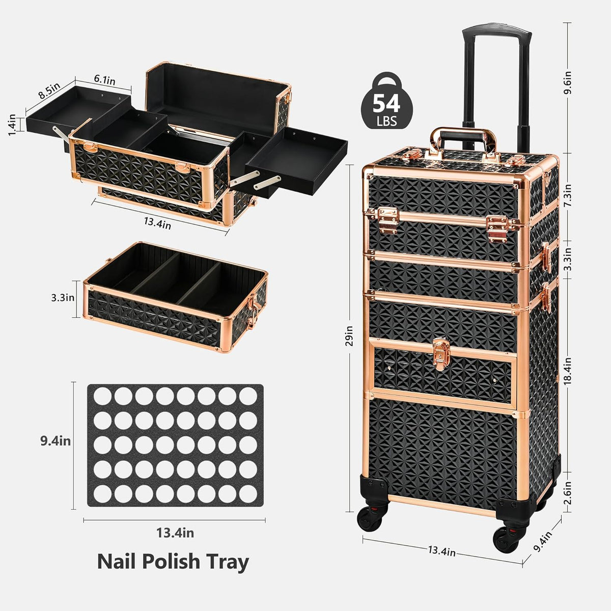 Makeup Train Case with Drawer, Rolling Makeup Case, Cosmetology Case on Wheels, Gift, Large Makeup Case Organizers, Professional for Salon Barber, Nail, Tattoo, Black Colourful